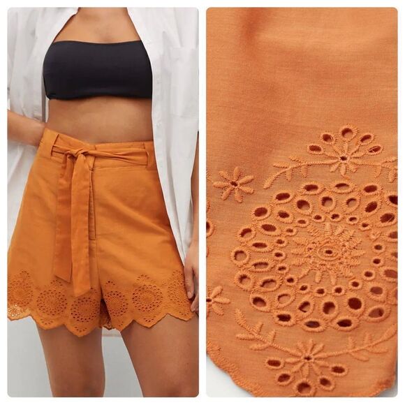Mango Embroidered Cotton Shorts Orange - Picture 1 of 8